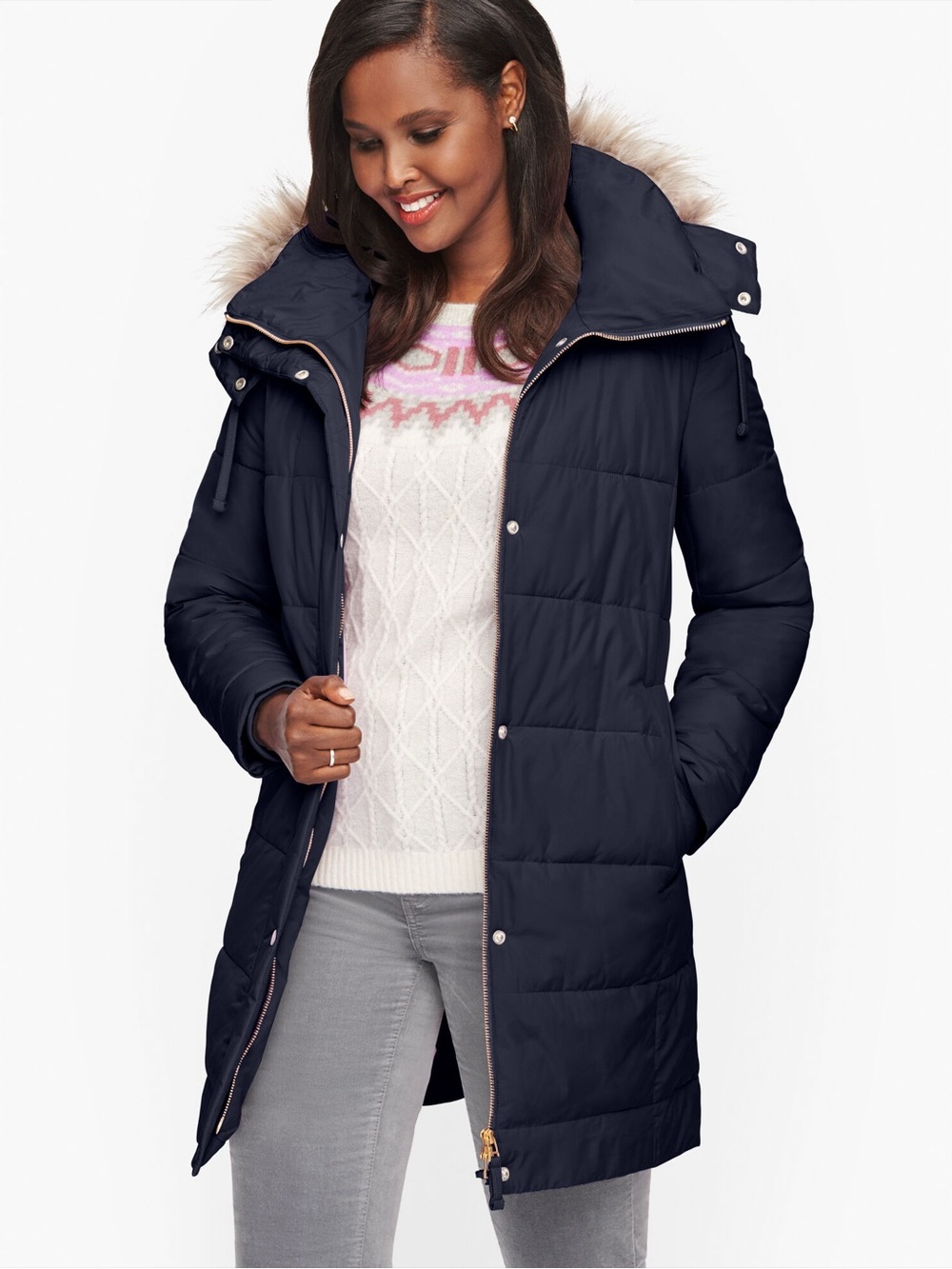 Talbots Faux Fur Trim Down Alternative Puffer Jacket NWT